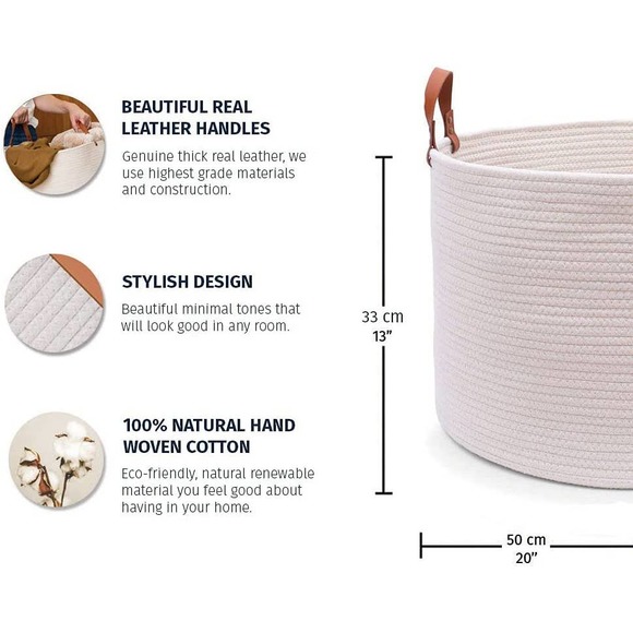 OrganiHaus XXL Cotton Rope Basket with Leather Handles Wide 20"x13.3" - Picture 2 of 6